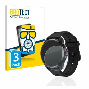 Parte frontal de un envase de producto con el logotipo de la marca BROTECT. Al lado se muestra el dispositivo Mobvoi TicWatch 