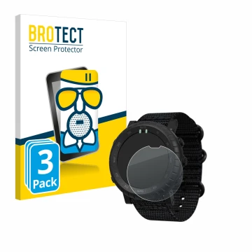 Parte frontal de un envase de producto con el logotipo de la marca BROTECT. Al lado se muestra el dispositivo Suunto Core Alph