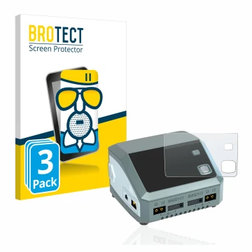 Parte frontal de un envase de producto con el logotipo de la marca BROTECT. Al lado se muestra el dispositivo SkyRc D200 neo c