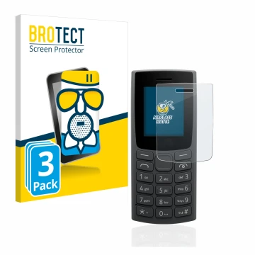 Parte frontal de un envase de producto con el logotipo de la marca BROTECT. Al lado se muestra el dispositivo Nokia 105 (2023)