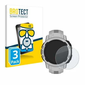 Parte frontal de un envase de producto con el logotipo de la marca BROTECT. Al lado se muestra el dispositivo Garmin Instinct 