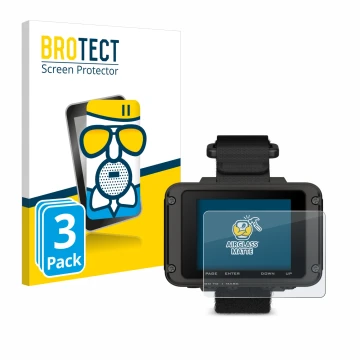 Parte frontal de un envase de producto con el logotipo de la marca BROTECT. Al lado se muestra el dispositivo Garmin Foretrex 