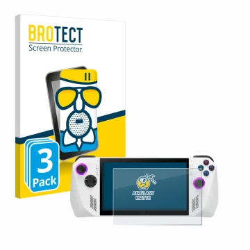 Parte frontal de un envase de producto con el logotipo de la marca BROTECT. Al lado se muestra el dispositivo ASUS ROG Ally (2