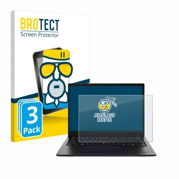 Parte frontal de un envase de producto con el logotipo de la marca BROTECT. Al lado se muestra el dispositivo Lenovo ThinkPad 