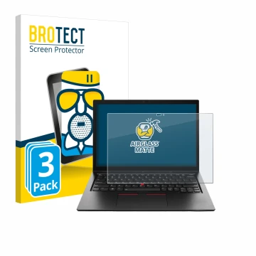 Parte frontal de un envase de producto con el logotipo de la marca BROTECT. Al lado se muestra el dispositivo Lenovo ThinkPad 