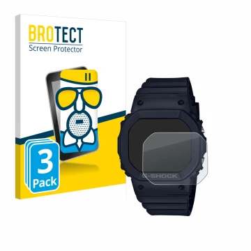 Parte frontal de un envase de producto con el logotipo de la marca BROTECT. Al lado se muestra el dispositivo Casio G-Shock GM