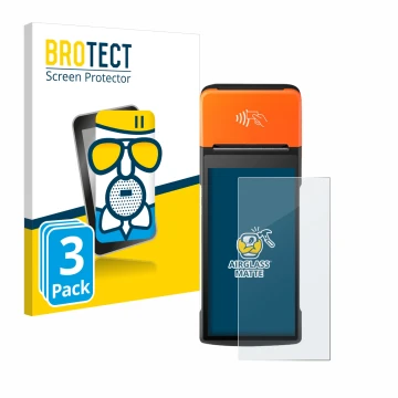 Parte frontal de un envase de producto con el logotipo de la marca BROTECT. Al lado se muestra el dispositivo Sunmi V2 Pro con