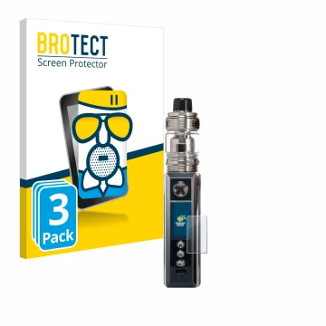 Parte frontal de un envase de producto con el logotipo de la marca BROTECT. Al lado se muestra el dispositivo Voopoo Drag M100