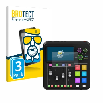 Parte frontal de un envase de producto con el logotipo de la marca BROTECT. Al lado se muestra el dispositivo Rode Rodecaster 