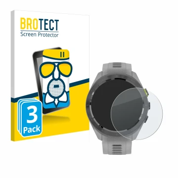 Parte frontal de un envase de producto con el logotipo de la marca BROTECT. Al lado se muestra el dispositivo Garmin Approach 