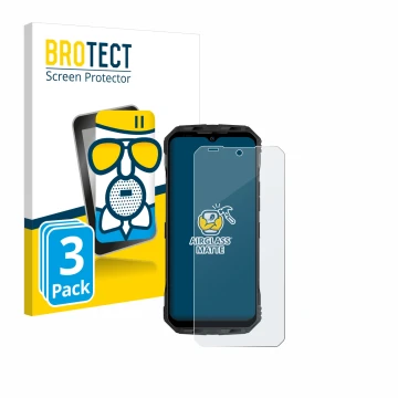 Parte frontal de un envase de producto con el logotipo de la marca BROTECT. Al lado se muestra el dispositivo Doogee V Max con