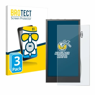 Parte frontal de un envase de producto con el logotipo de la marca BROTECT. Al lado se muestra el dispositivo Astell&Kern A&fu