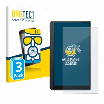 Parte frontal de un envase de producto con el logotipo de la marca BROTECT. Al lado se muestra el dispositivo FiiO M11s con su