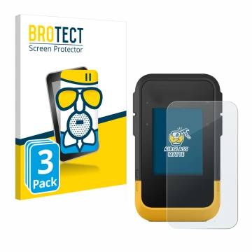 Parte frontal de un envase de producto con el logotipo de la marca BROTECT. Al lado se muestra el dispositivo Garmin eTrex SE 