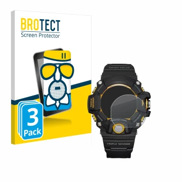 Parte frontal de un envase de producto con el logotipo de la marca BROTECT. Al lado se muestra el dispositivo Casio G-Shock GW