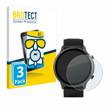 Parte frontal de un envase de producto con el logotipo de la marca BROTECT. Al lado se muestra el dispositivo Hama Fit Watch 6