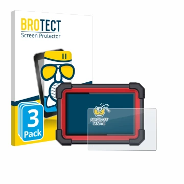 Parte frontal de un envase de producto con el logotipo de la marca BROTECT. Al lado se muestra el dispositivo Launch X-431 CRP