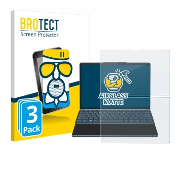 Parte frontal de un envase de producto con el logotipo de la marca BROTECT. Al lado se muestra el dispositivo Lenovo Yoga Book