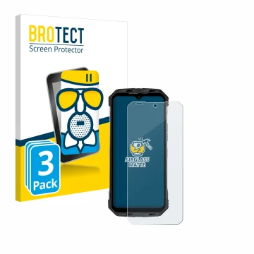 Parte frontal de un envase de producto con el logotipo de la marca BROTECT. Al lado se muestra el dispositivo Doogee S110 con 