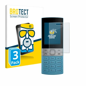 Parte frontal de un envase de producto con el logotipo de la marca BROTECT. Al lado se muestra el dispositivo Nokia 150 (2023)