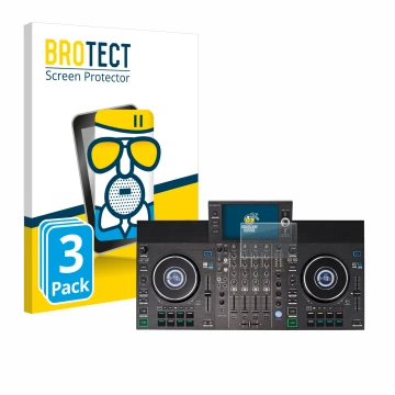 Parte frontal de un envase de producto con el logotipo de la marca BROTECT. Al lado se muestra el dispositivo Denon DJ SC LIVE