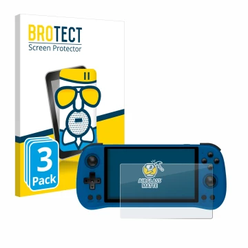 Parte frontal de un envase de producto con el logotipo de la marca BROTECT. Al lado se muestra el dispositivo Powkiddy X55 con