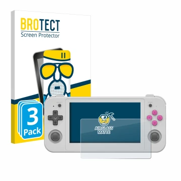 Parte frontal de un envase de producto con el logotipo de la marca BROTECT. Al lado se muestra el dispositivo Anbernic RG505 c