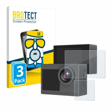 Parte frontal de un envase de producto con el logotipo de la marca BROTECT. Al lado se muestra el dispositivo Akaso Brave 4 Pr