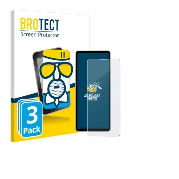 Parte frontal de un envase de producto con el logotipo de la marca BROTECT. Al lado se muestra el dispositivo Sony Xperia 5 V 