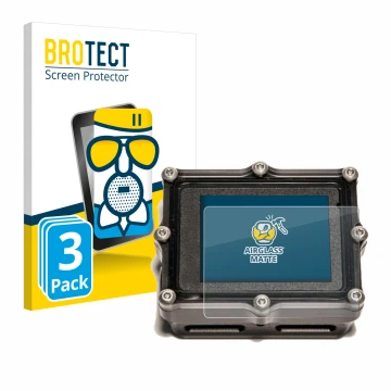 Parte frontal de un envase de producto con el logotipo de la marca BROTECT. Al lado se muestra el dispositivo Shearwater Petre
