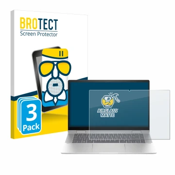 Parte frontal de un envase de producto con el logotipo de la marca BROTECT. Al lado se muestra el dispositivo HP Envy x360 2-i