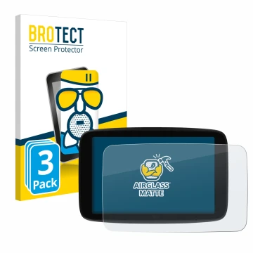 Parte frontal de un envase de producto con el logotipo de la marca BROTECT. Al lado se muestra el dispositivo TomTom GO Superi