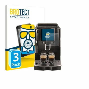 Parte frontal de un envase de producto con el logotipo de la marca BROTECT. Al lado se muestra el dispositivo DeLonghi Magnifi