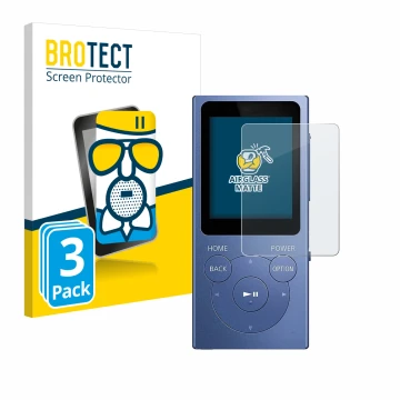 Parte frontal de un envase de producto con el logotipo de la marca BROTECT. Al lado se muestra el dispositivo Sony Walkman NW-