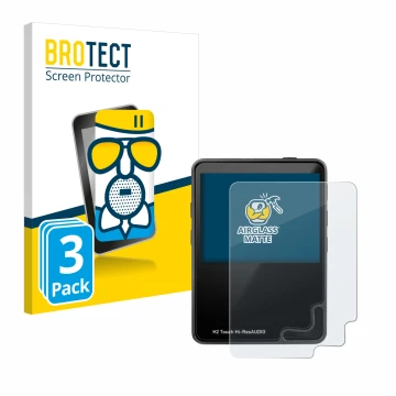 Parte frontal de un envase de producto con el logotipo de la marca BROTECT. Al lado se muestra el dispositivo HifiWalker H2 to