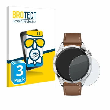Parte frontal de un envase de producto con el logotipo de la marca BROTECT. Al lado se muestra el dispositivo Huawei Watch GT 