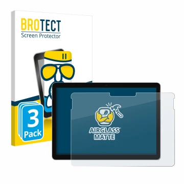 Parte frontal de un envase de producto con el logotipo de la marca BROTECT. Al lado se muestra el dispositivo Microsoft Surfac