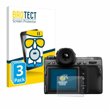 Parte frontal de un envase de producto con el logotipo de la marca BROTECT. Al lado se muestra el dispositivo Fujifilm GFX100 