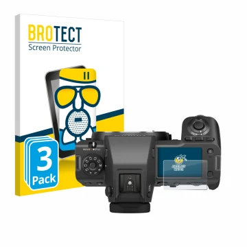 Parte frontal de un envase de producto con el logotipo de la marca BROTECT. Al lado se muestra el dispositivo Fujifilm GFX100 