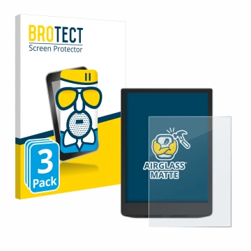 Parte frontal de un envase de producto con el logotipo de la marca BROTECT. Al lado se muestra el dispositivo PocketBook InkPa