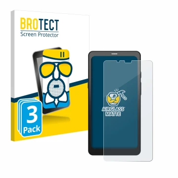 Parte frontal de un envase de producto con el logotipo de la marca BROTECT. Al lado se muestra el dispositivo Boox Palma con s