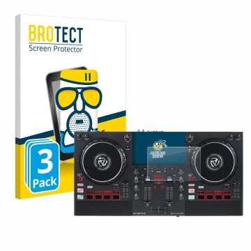 Parte frontal de un envase de producto con el logotipo de la marca BROTECT. Al lado se muestra el dispositivo Numark Mixstream