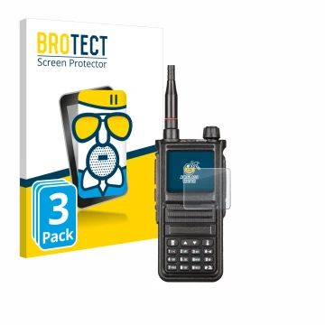 Parte frontal de un envase de producto con el logotipo de la marca BROTECT. Al lado se muestra el dispositivo Radtel RT-470X c