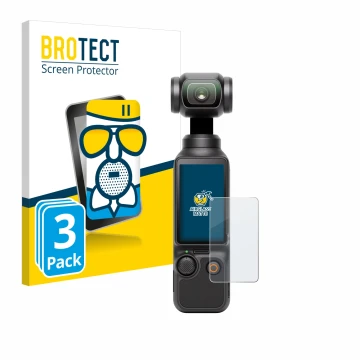 Parte frontal de un envase de producto con el logotipo de la marca BROTECT. Al lado se muestra el dispositivo DJI Osmo Pocket 