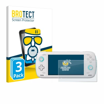 Parte frontal de un envase de producto con el logotipo de la marca BROTECT. Al lado se muestra el dispositivo AYN Odin 2 con s