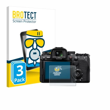 Parte frontal de un envase de producto con el logotipo de la marca BROTECT. Al lado se muestra el dispositivo Sony Alpha 9 III