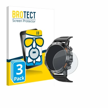 Parte frontal de un envase de producto con el logotipo de la marca BROTECT. Al lado se muestra el dispositivo Lemfo Smartwatch