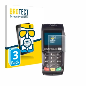 Parte frontal de un envase de producto con el logotipo de la marca BROTECT. Al lado se muestra el dispositivo ingenico Desk/35