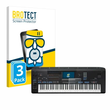 Parte frontal de un envase de producto con el logotipo de la marca BROTECT. Al lado se muestra el dispositivo Yamaha Genos2 co
