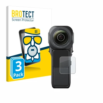 Parte frontal de un envase de producto con el logotipo de la marca BROTECT. Al lado se muestra el dispositivo Insta360 One RS 